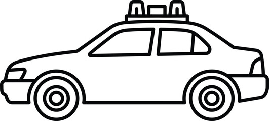 Black line art illustration of a police patrol car sedan shown from a side profile view with a siren light bar on the roof, isolated on a white background for coloring books or design. © arga