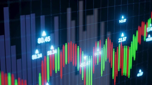 A digital display shows stock market data with colorful candlestick charts. The red and green bars reflect price changes and trading volume. This scene illustrates market trends.