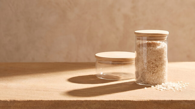 Glass Jars with Wooden Lids and Bath Salt Granules
