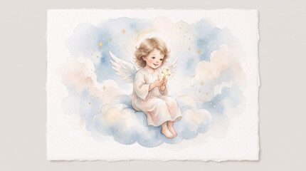 Obraz premium Cute Watercolor Guardian Angel Child Sitting on Heavenly Clouds
