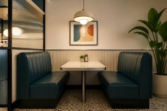 Booth seating with table in retro style diner interior