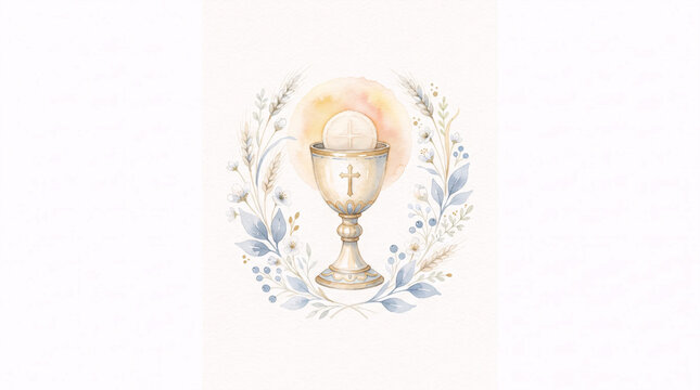 Watercolor First Communion Chalice and Host with Floral Wreath