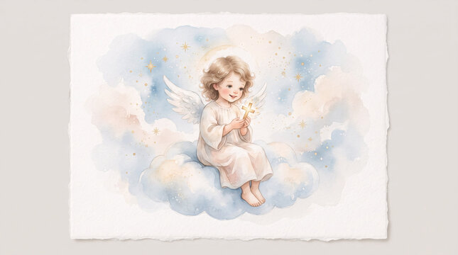 Cute Watercolor Guardian Angel Child Sitting on Heavenly Clouds