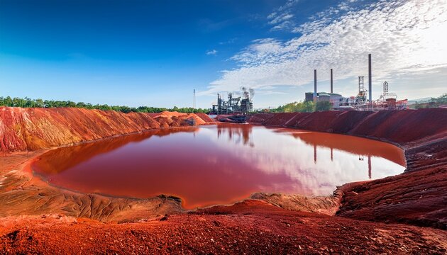 red mud lake in bauxite tailings storage area with industrial background