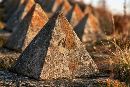 Concrete dragon's teeth creating a historical anti-tank barrier during sunset
