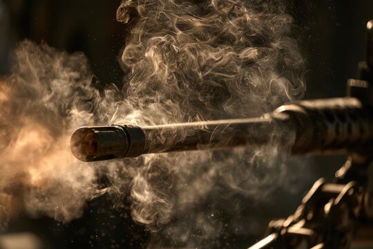 Machine gun barrel firing a bullet with hot smoke and muzzle flash
