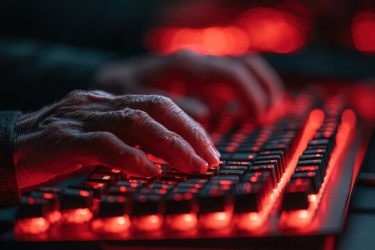 Senior person hands using a computer keyboard with red backlight, focused on a modern gaming experience
