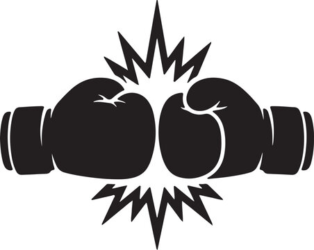 Boxing Gloves Clashing Icon, Black White Combat Sports Vector for Gym Branding | Combat Sports Logo Vector, Boxing Glove Punch Impact Symbol for Martial Arts Branding | Boxing Glove Clash Logo, Black 