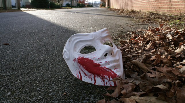 Discarded halloween mask bloodstain suburban alleyway autumn pavement white plastic