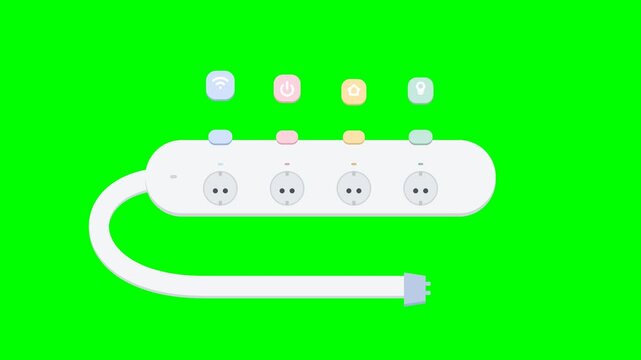 A smart power strip animation. Objects pop in sequentially, followed by a continuous throbbing and hovering pulse effect on the floating smart icons and buttons.