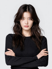 Obraz premium Young East Asian woman with long wavy dark hair, intense expression, black ribbed shirt, arms crossed, studio portrait