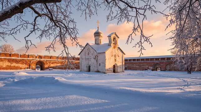A beautiful view of an ancient white Orthodox church inside the brick walls of the Novgorod Kremlin, surrounded by deep snow and frost-covered trees at sunset.