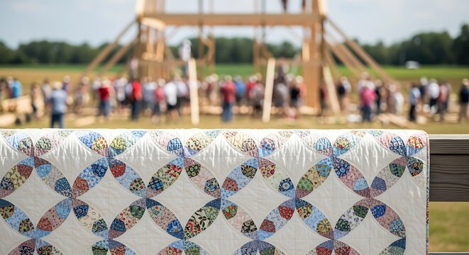 A traditional patterned textile displayed outdoors with a crowd of people gathered in the distance to watch a timber frame barn raising event during a sunny afternoon in the rural countryside