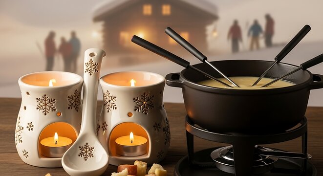Warm melted cheese fondue pot served with candle heaters on a rustic wooden table during a cozy winter evening gathering with friends at a mountain cabin retreat after skiing outdoors in the snow