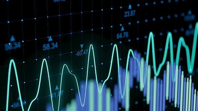 A digital display screen shows stock market data with graphs and numbers. The visual trends indicate changes in earnings over time, likely during trading hours.