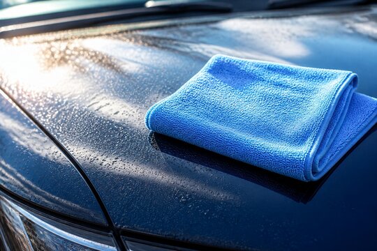 Blue microfiber cloth resting on wet car hood surface detail