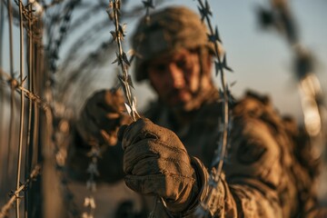 Obraz premium Soldier's hand gripping barbed wire fence, depicting military conflict and defense