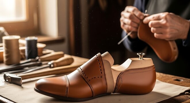 Professional cobbler works with high quality leather for handmade footwear creation in a traditional workshop setting where skilled artisan focuses on stitching custom shoes using specialized