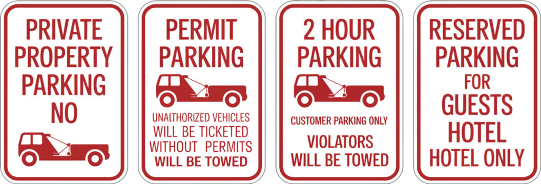Towing sign set featuring truck towing car service, no parking, tow away zone, private parking, and towing enforced symbols, red vector icons for road safety, traffic regulations, parking management, 