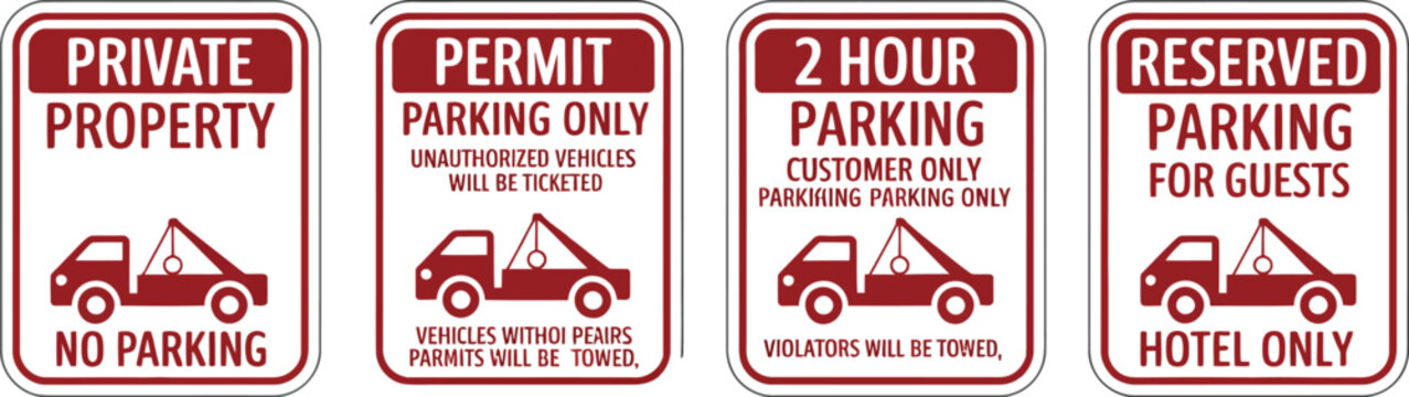 Towing sign set featuring truck towing car service, no parking, tow away zone, private parking, and towing enforced symbols, red vector icons for road safety, traffic regulations, parking management, 