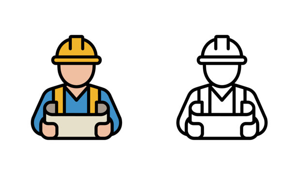Professional engineer icon set with yellow hardhat and blue construction plans.