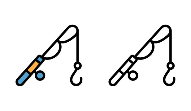 Fishing rod icon with blue and orange elements and outline design for recreation.