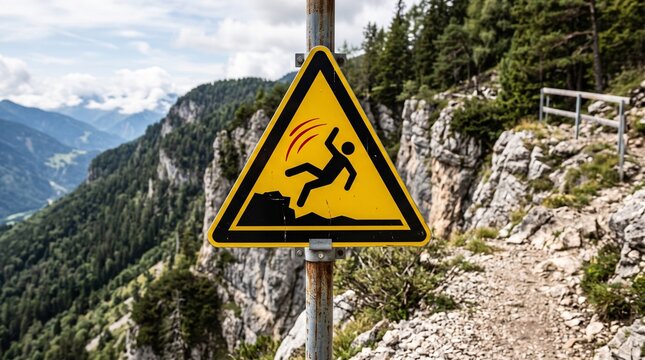 Yellow triangular warning sign with black border, pictogram of person slipping backward, red danger lines above head, mounted outdoors on rocky forest path.