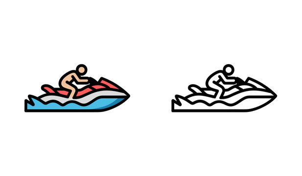 Jet ski watercraft icon set with person riding blue motor boat on ocean waves.