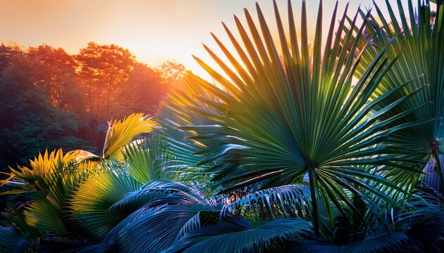 lush tropical foliage illuminated with warm and cool lighting creates a vibrant evocative scene