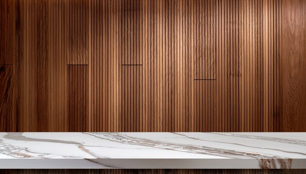 white marble kitchen countertop for product presentation mockup of empty stone countertop on brown wall panels background with vertical wooden slats