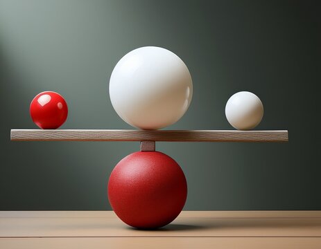 a balancing act small white sphere on left large red sphere on right on a beam with legs
