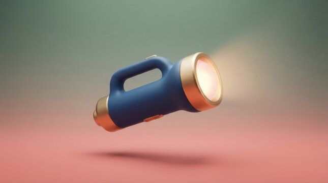 3D render of a blue portable flashlight with golden accents emitting a bright warm light beam