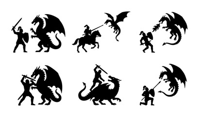 Fototapeta premium Dragon Slayers, Knight vs Dragon Combat, Fantasy Battle Silhouettes, Medieval Heroic Confrontations
