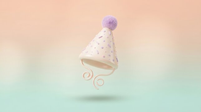 3D render of a pastel party hat with a pompom isolated on a soft gradient background for birthday