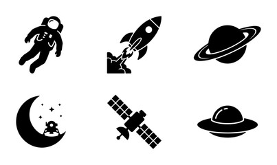 Space Icons Set: Astronaut, Rocket, Planet, Moon, Satellite, UFO, Cosmic Exploration © Dipankar
