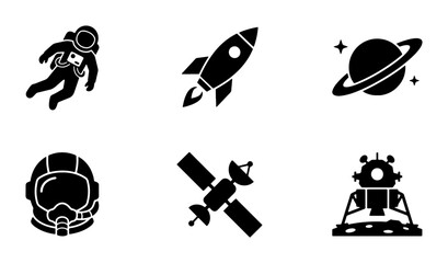 Space Exploration Icons: Astronaut, Rocket, Planet, Helmet, Satellite, Lunar Lander Vector Set © Dipankar
