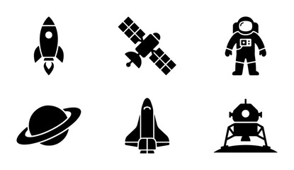 Space Icons Set: Rocket, Astronaut, Satellite, Planet, Shuttle, Lander Vector Graphics © Dipankar