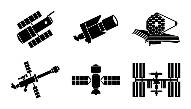 Space Station and Satellite Icons, Vector Set: Orbital Technology, Astronomy Exploration
