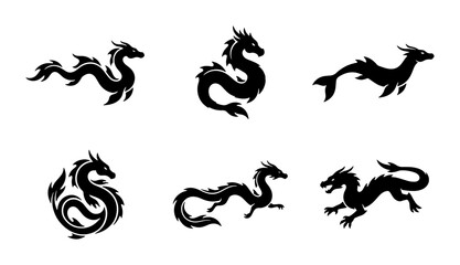 Fototapeta premium Mythical Dragon Silhouettes, Fantasy Creature Vector Icons, Ancient Legend Beasts Set
