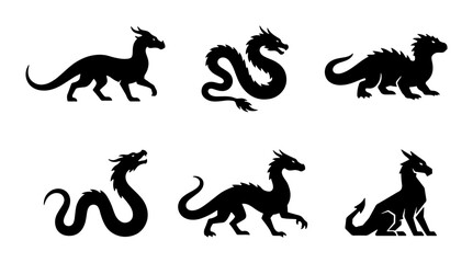 Obraz premium Mythical Dragon Silhouettes, Fantasy Creature Icons, Ancient Legend Vector Set, Asian Folklore Art