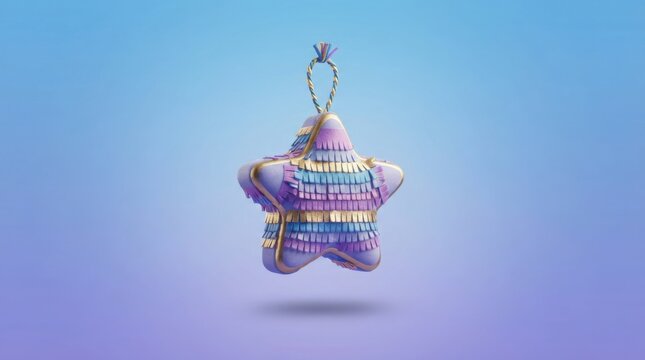 3D render of a purple star shaped pinata with gold trim isolated on a soft blue gradient background