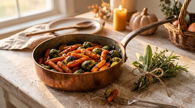 Roasted carrots and Brussels sprouts photo, rustic copper pan with fresh herbs, autumn cooking scene