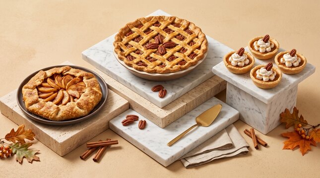Autumn pie and mini tarts photo featuring pecan pie, apple galette, and cupcakes on marble stands