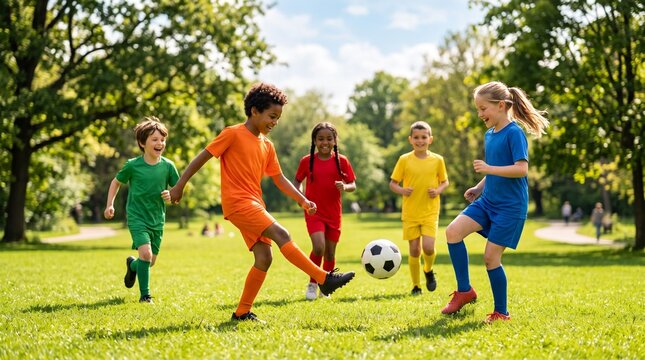 Group of Happy Children Playing Football on Green Grass Meadow
