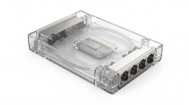 Transparent fiber optic splice tray, clear plastic network cable management box, telecommunications hardware for data centers