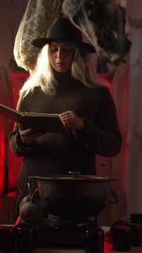  witch stands in her home, surrounded by cobwebs and bundles of dried herbs, preparing a poison or a love potion. She holds a notebook near her cauldron, reading a spell from it and casting a curse