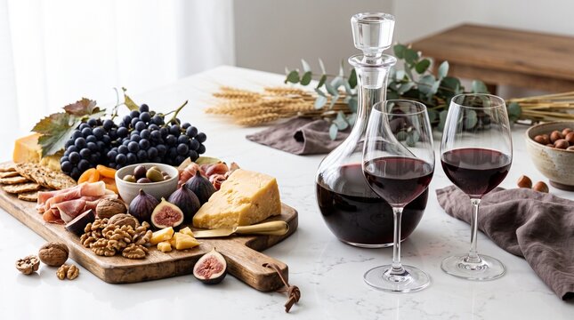 Charcuterie board and wine decanter photo with glasses, cheese, grapes, and figs on a white marble table