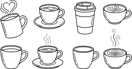 Obraz premium Coffee cup vector line icon set featuring hot espresso mugs latte art rosetta hearts and paper takeaway cup on white background