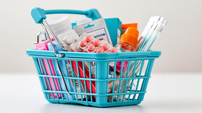 Shopping basket overflowing with generic medicine packages and healthcare supplies on a white background, pharmaceutical shopping, medication management, pharmacy services,
