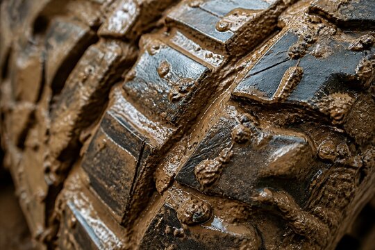 Mud covered tire tread close up on off road vehicle